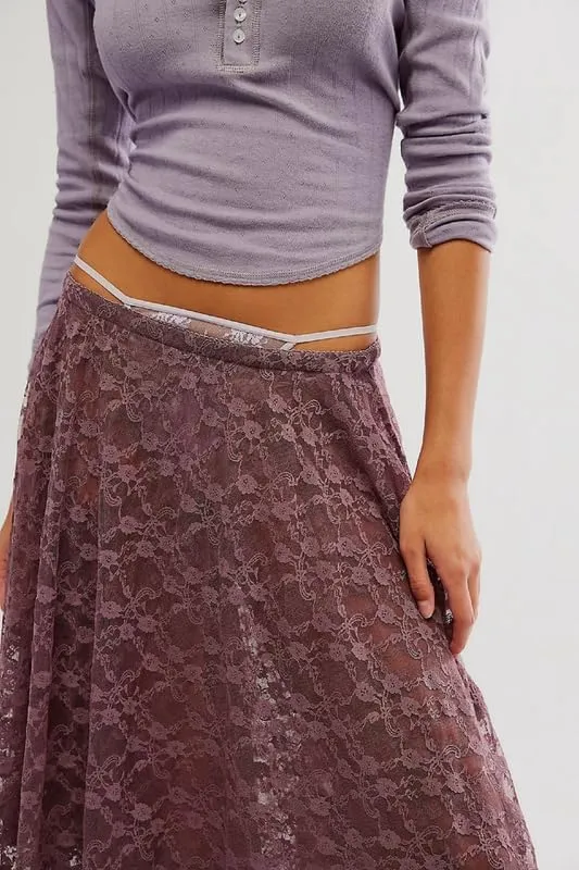 Womens Lace Ruffle Courtship Half Slip Elastic Waist Asymmetrical Hemline Midi Skirts Semi Sheer Layered Maxi Skirts