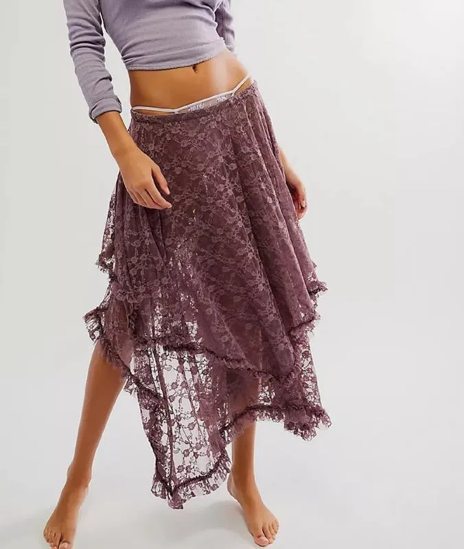Womens Lace Ruffle Courtship Half Slip Elastic Waist Asymmetrical Hemline Midi Skirts Semi Sheer Layered Maxi Skirts