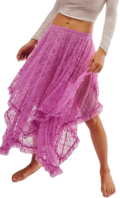 Womens Lace Ruffle Courtship Half Slip Elastic Waist Asymmetrical Hemline Midi Skirts Semi Sheer Layered Maxi Skirts