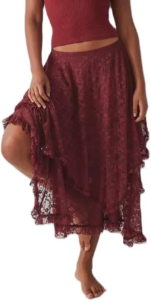 Womens Lace Ruffle Courtship Half Slip Elastic Waist Asymmetrical Hemline Midi Skirts Semi Sheer Layered Maxi Skirts