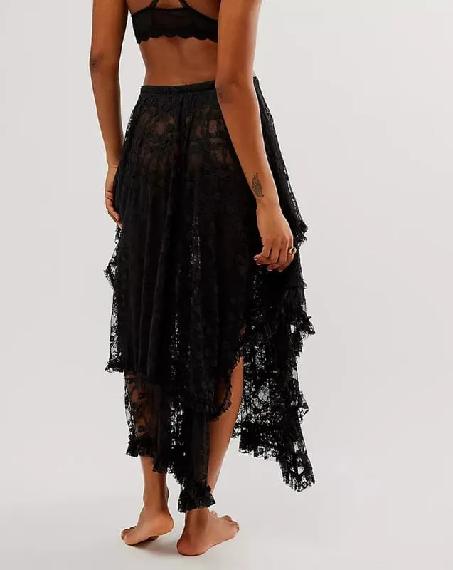 Womens Lace Ruffle Courtship Half Slip Elastic Waist Asymmetrical Hemline Midi Skirts Semi Sheer Layered Maxi Skirts