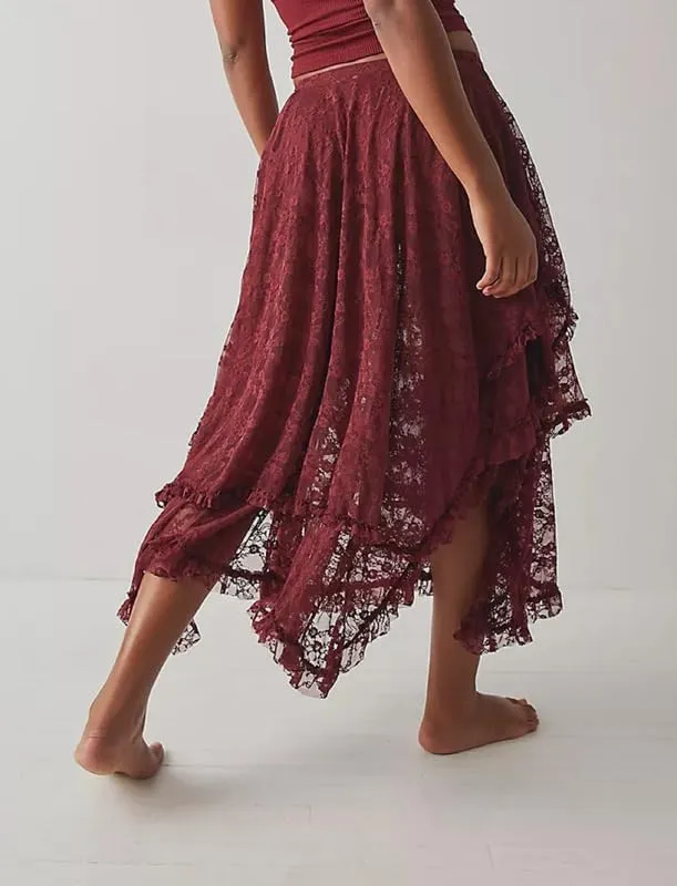 Womens Lace Ruffle Courtship Half Slip Elastic Waist Asymmetrical Hemline Midi Skirts Semi Sheer Layered Maxi Skirts