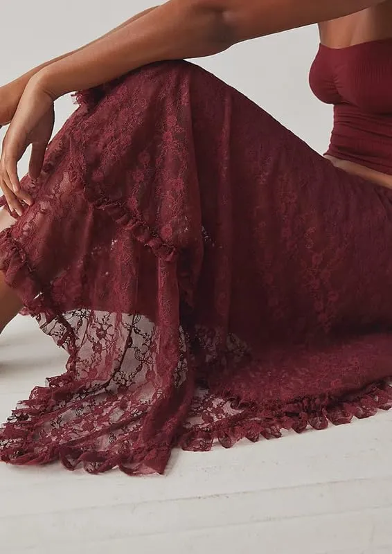 Womens Lace Ruffle Courtship Half Slip Elastic Waist Asymmetrical Hemline Midi Skirts Semi Sheer Layered Maxi Skirts