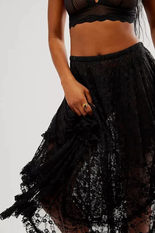 Womens Lace Ruffle Courtship Half Slip Elastic Waist Asymmetrical Hemline Midi Skirts Semi Sheer Layered Maxi Skirts