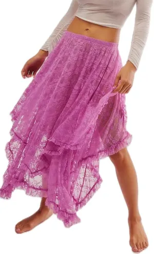 Womens Lace Ruffle Courtship Half Slip Elastic Waist Asymmetrical Hemline Midi Skirts Semi Sheer Layered Maxi Skirts
