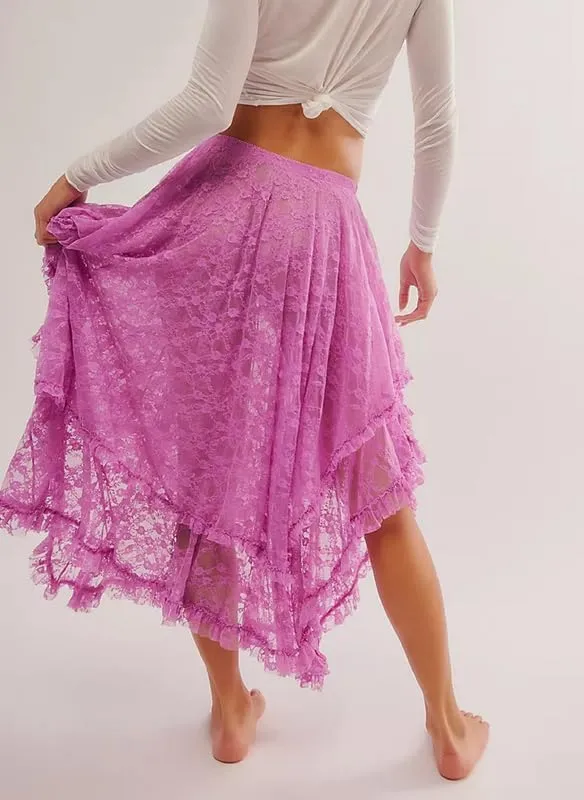 Womens Lace Ruffle Courtship Half Slip Elastic Waist Asymmetrical Hemline Midi Skirts Semi Sheer Layered Maxi Skirts