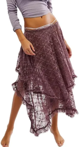 Womens Lace Ruffle Courtship Half Slip Elastic Waist Asymmetrical Hemline Midi Skirts Semi Sheer Layered Maxi Skirts