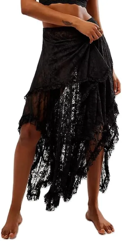 Womens Lace Ruffle Courtship Half Slip Elastic Waist Asymmetrical Hemline Midi Skirts Semi Sheer Layered Maxi Skirts