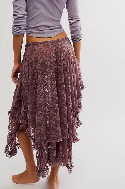 Womens Lace Ruffle Courtship Half Slip Elastic Waist Asymmetrical Hemline Midi Skirts Semi Sheer Layered Maxi Skirts