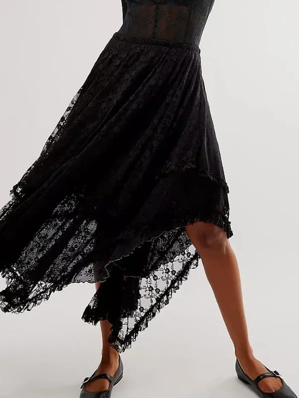 Womens Lace Ruffle Courtship Half Slip Elastic Waist Asymmetrical Hemline Midi Skirts Semi Sheer Layered Maxi Skirts