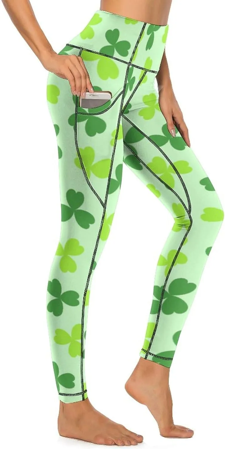 Women's Leggings Yoga Pant High Waisted Sports Trouser Clover Green Athletic Workout Leggings for St Patricks Day Gift