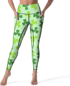 Women's Leggings Yoga Pant High Waisted Sports Trouser Clover Green Athletic Workout Leggings for St Patricks Day Gift