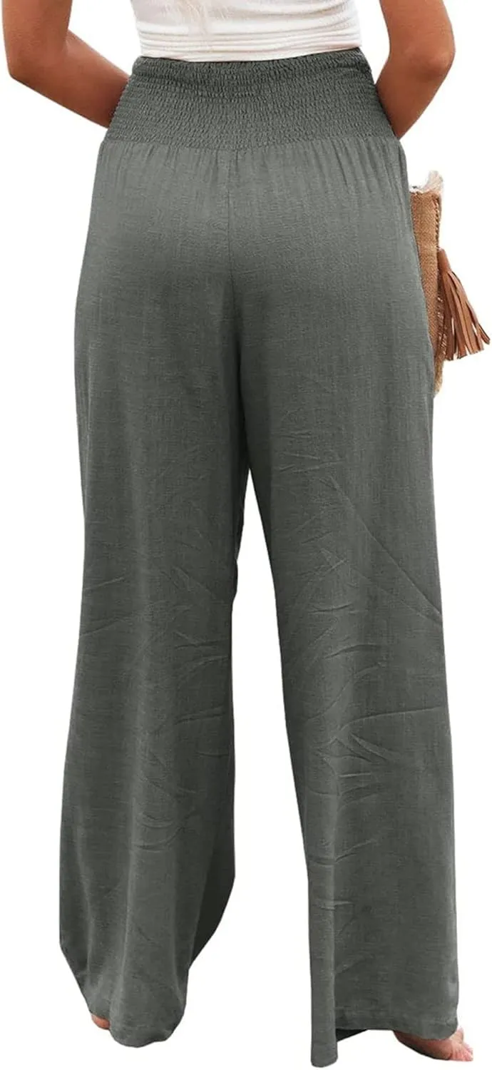 Womens Linen Palazzo Pants Lightweight High Waisted Wide Leg Pant Lounge Flowy Summer Boho Vacation Beach Pant Trousers