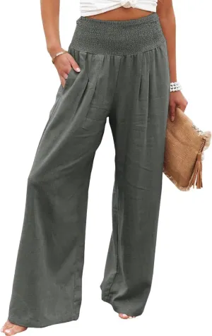 Womens Linen Palazzo Pants Lightweight High Waisted Wide Leg Pant Lounge Flowy Summer Boho Vacation Beach Pant Trousers