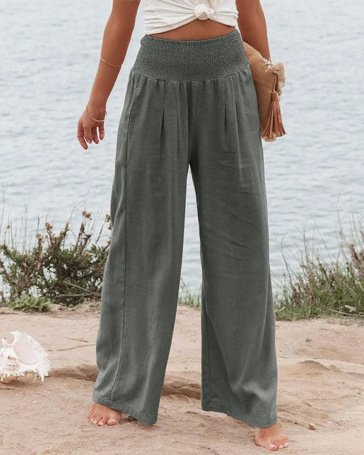 Womens Linen Palazzo Pants Lightweight High Waisted Wide Leg Pant Lounge Flowy Summer Boho Vacation Beach Pant Trousers