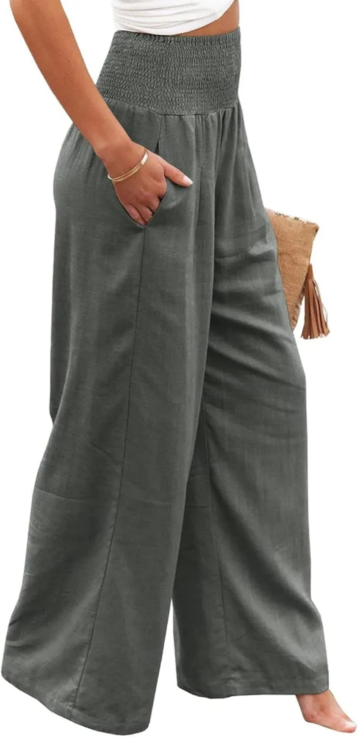 Womens Linen Palazzo Pants Lightweight High Waisted Wide Leg Pant Lounge Flowy Summer Boho Vacation Beach Pant Trousers