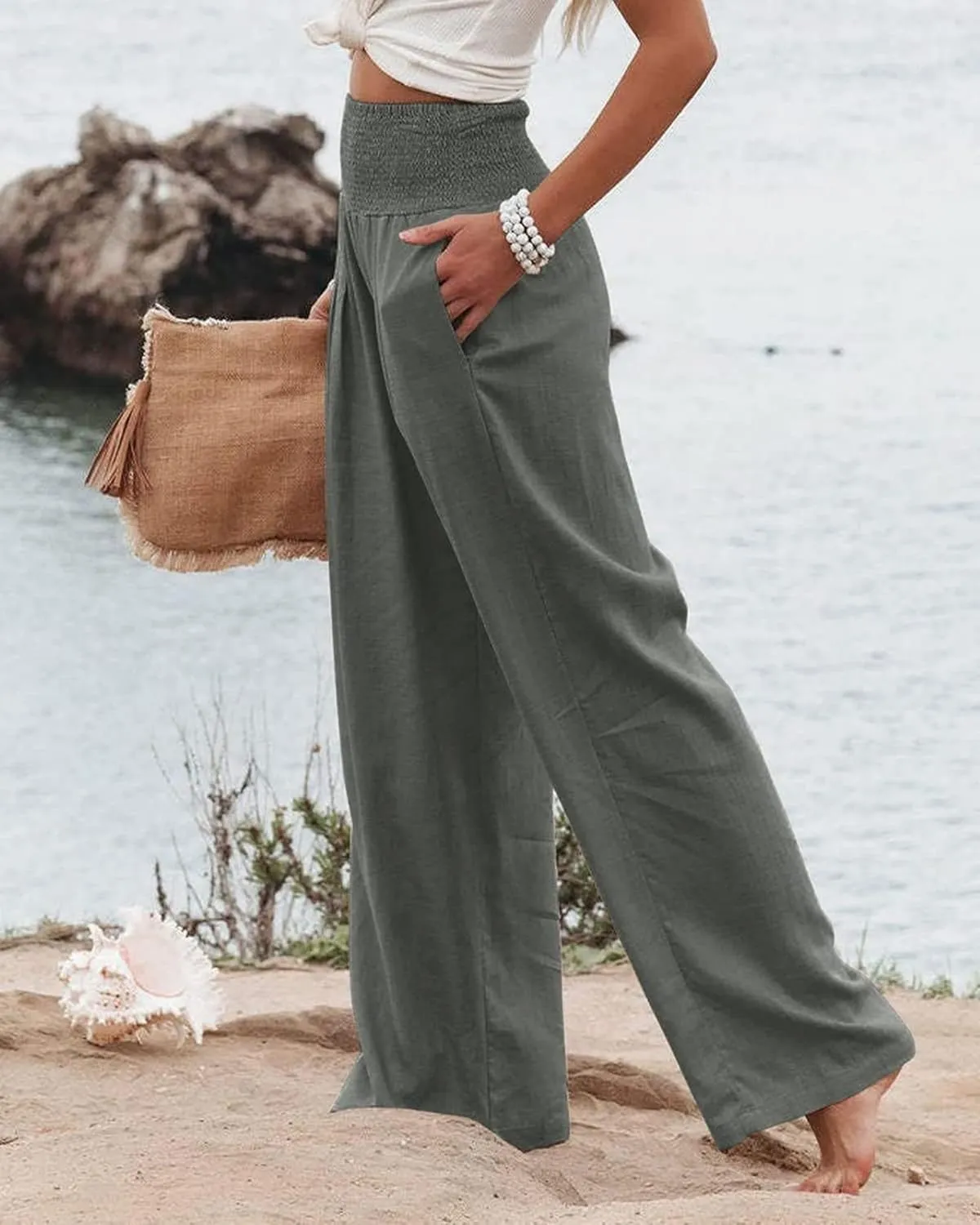 Womens Linen Palazzo Pants Lightweight High Waisted Wide Leg Pant Lounge Flowy Summer Boho Vacation Beach Pant Trousers