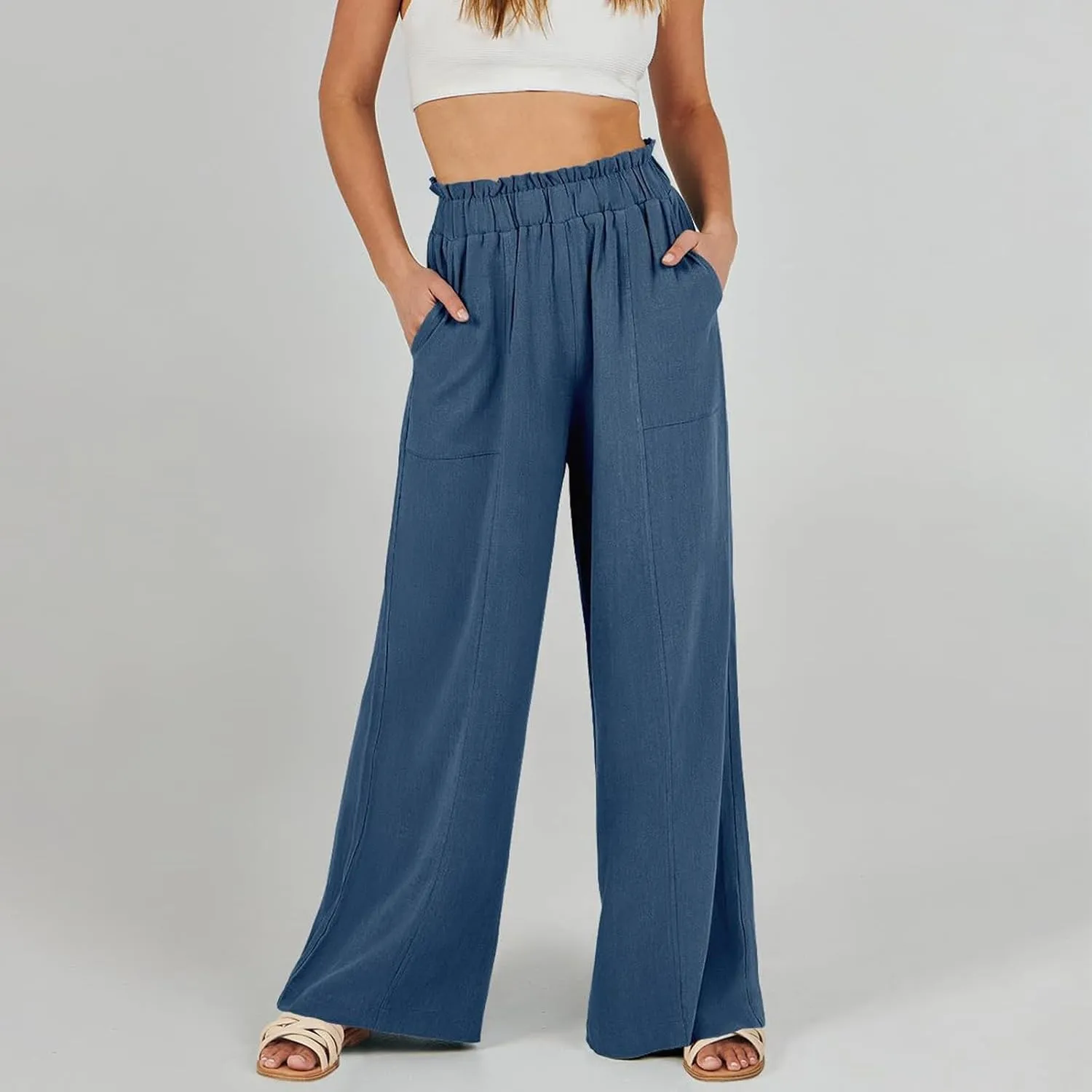 Womens Linen Pants 2025 Summer Casual Loose Wide Leg Palazzo Pants Summer High Waist Flowy Beach Trousers with Pockets