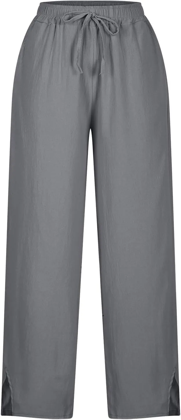 Womens Linen Pants Trendy 2025 Summer Casual Drawstring Elastic Waist Trousers Lightweight Beach Vacation Outfits