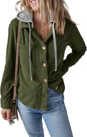 Womens Long Sleeve Button Down Corduroy Shacket Jacket Casual Solid Short Hooded Coats