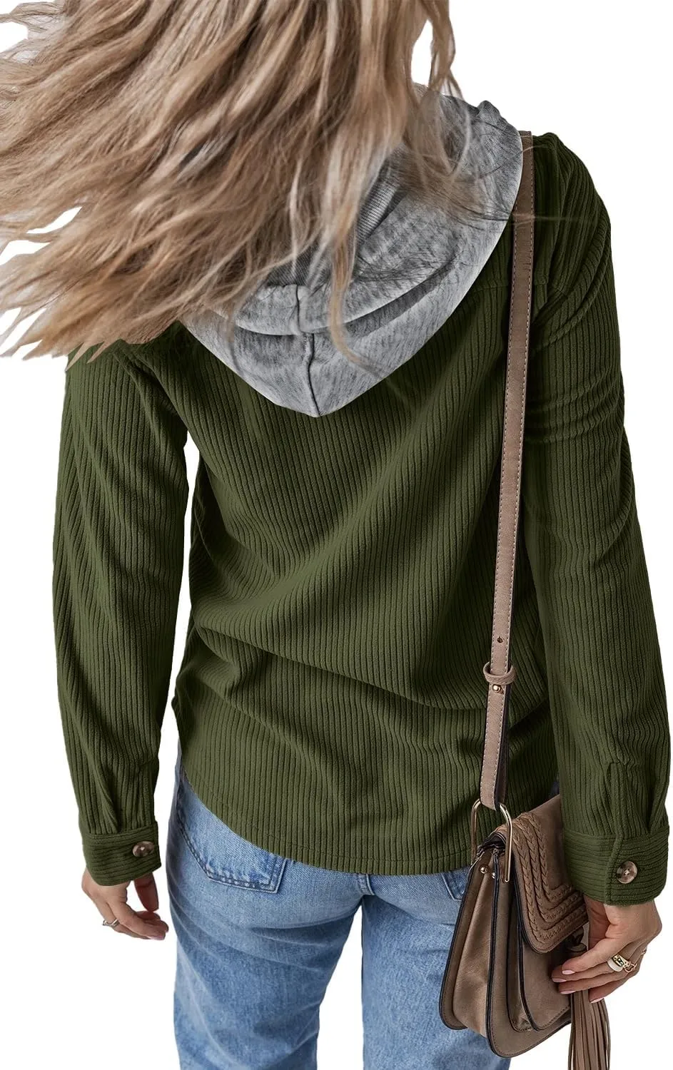 Womens Long Sleeve Button Down Corduroy Shacket Jacket Casual Solid Short Hooded Coats