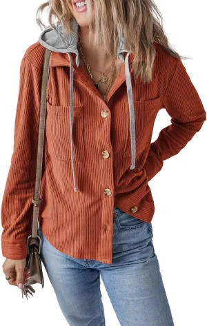 Womens Long Sleeve Button Down Corduroy Shacket Jacket Casual Solid Short Hooded Coats