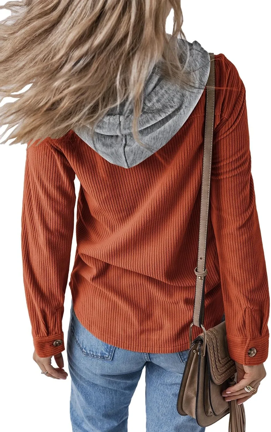 Womens Long Sleeve Button Down Corduroy Shacket Jacket Casual Solid Short Hooded Coats