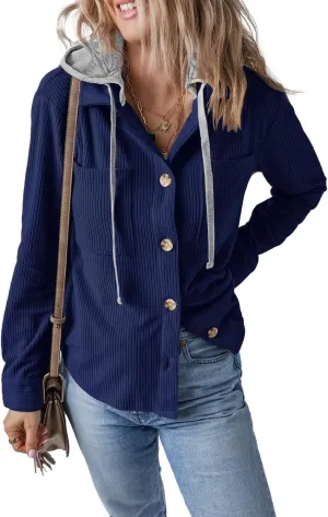 Womens Long Sleeve Button Down Corduroy Shacket Jacket Casual Solid Short Hooded Coats