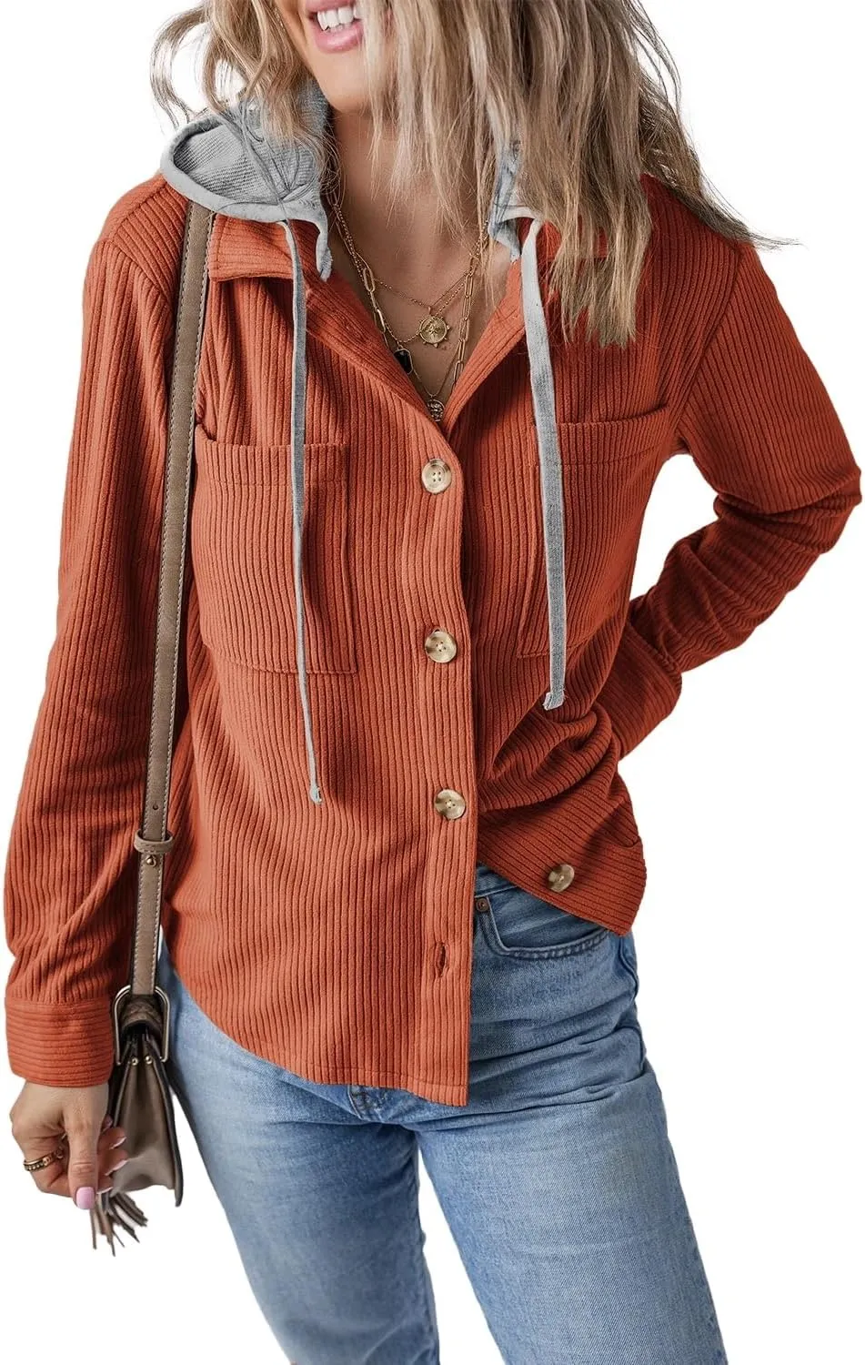 Womens Long Sleeve Button Down Corduroy Shacket Jacket Casual Solid Short Hooded Coats