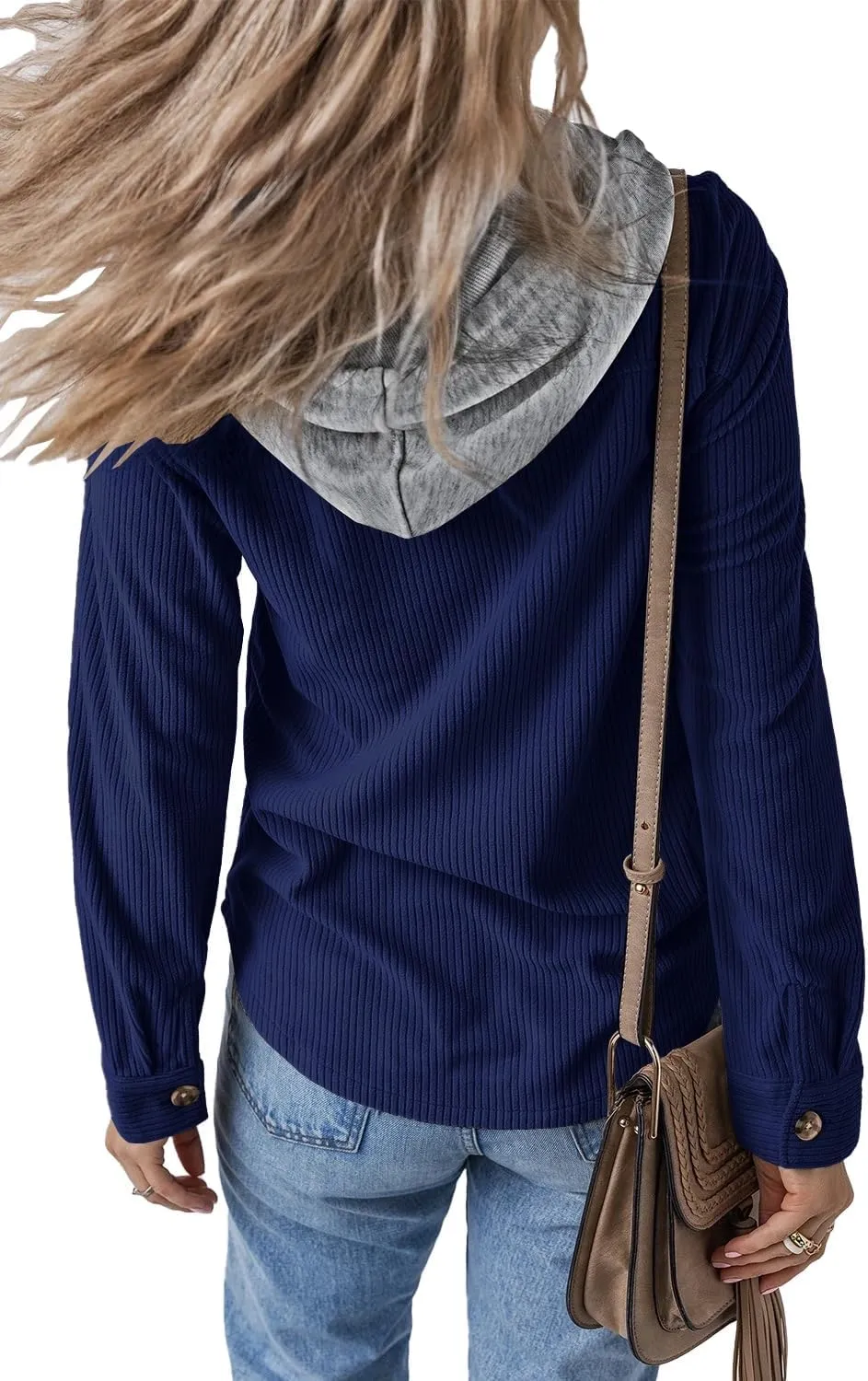 Womens Long Sleeve Button Down Corduroy Shacket Jacket Casual Solid Short Hooded Coats