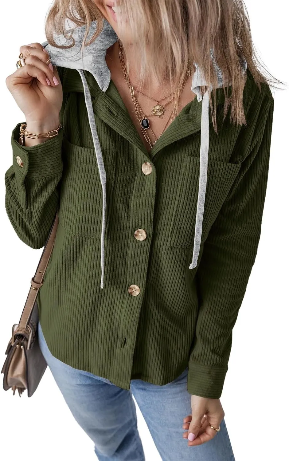 Womens Long Sleeve Button Down Corduroy Shacket Jacket Casual Solid Short Hooded Coats