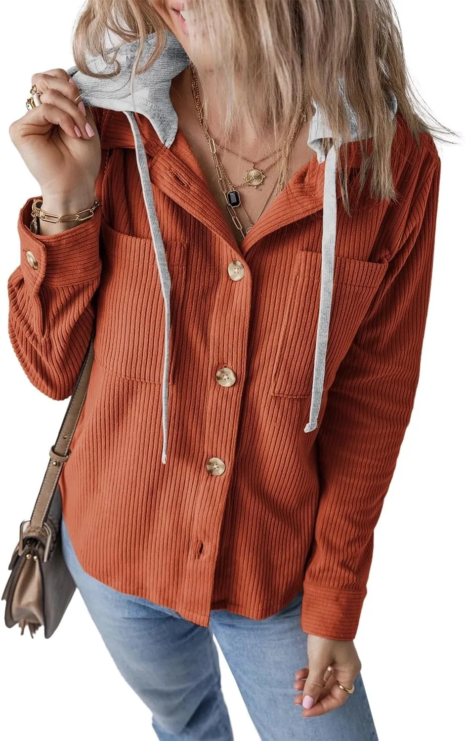 Womens Long Sleeve Button Down Corduroy Shacket Jacket Casual Solid Short Hooded Coats