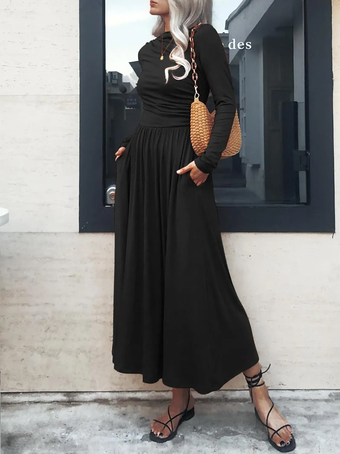 Women's Long Sleeve Maxi Dress 2024 Fall Crewneck Knit Plain Empire Waist Casual Slim Pleated Dresses with Pockets