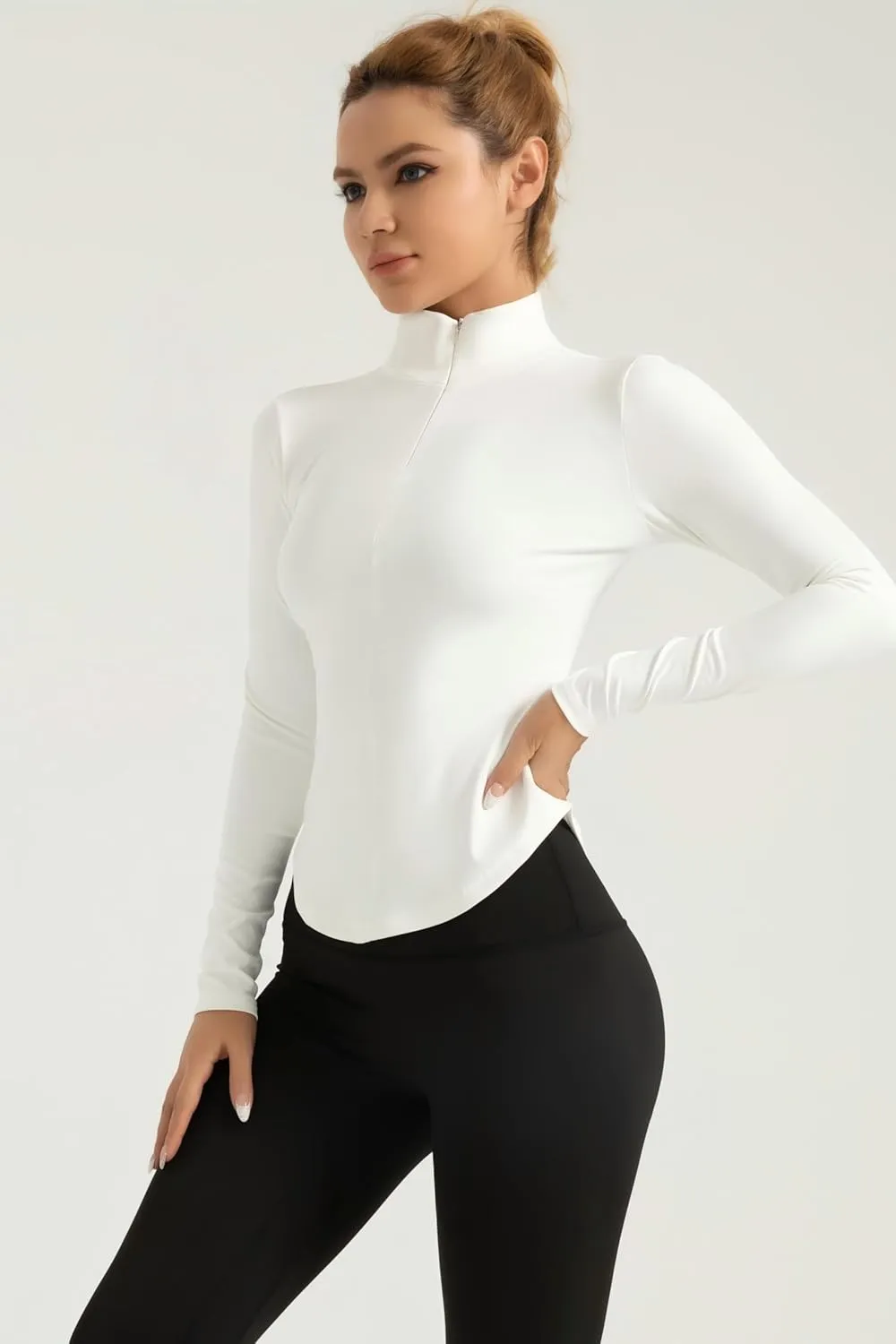 Womens Long Sleeve Workout Tops Quick Dry Quarter Zip Pullover Crop Yoga Athletic Golf Slim Fit Shirts,Compression T-Shirts