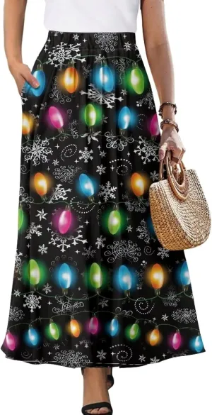 Womens Maxi Skirts for Outdoor Ladies Elastic Band Long Skirts with Pockets Casual Dance Maxi Skirts S-2XL