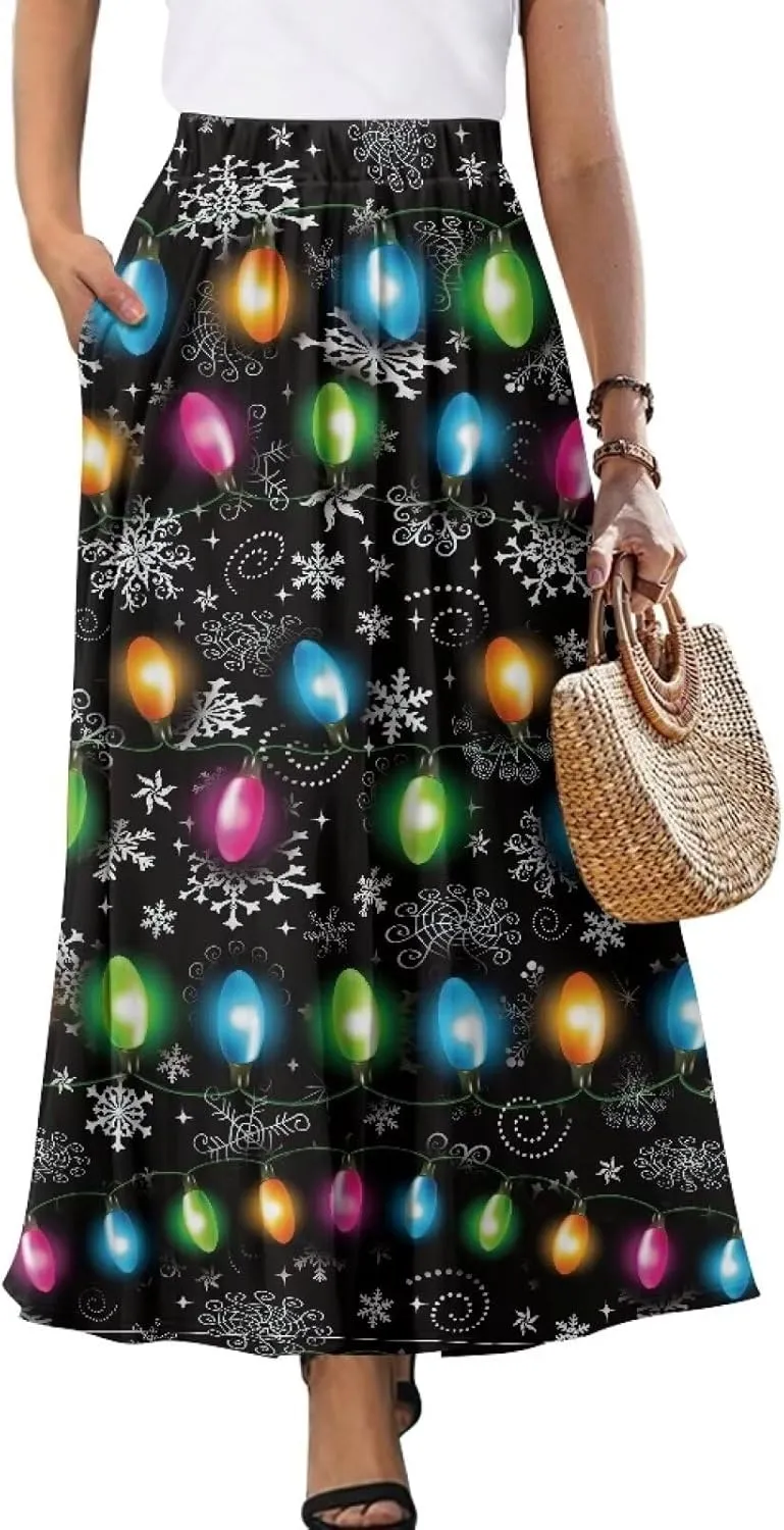 Womens Maxi Skirts for Outdoor Ladies Elastic Band Long Skirts with Pockets Casual Dance Maxi Skirts S-2XL
