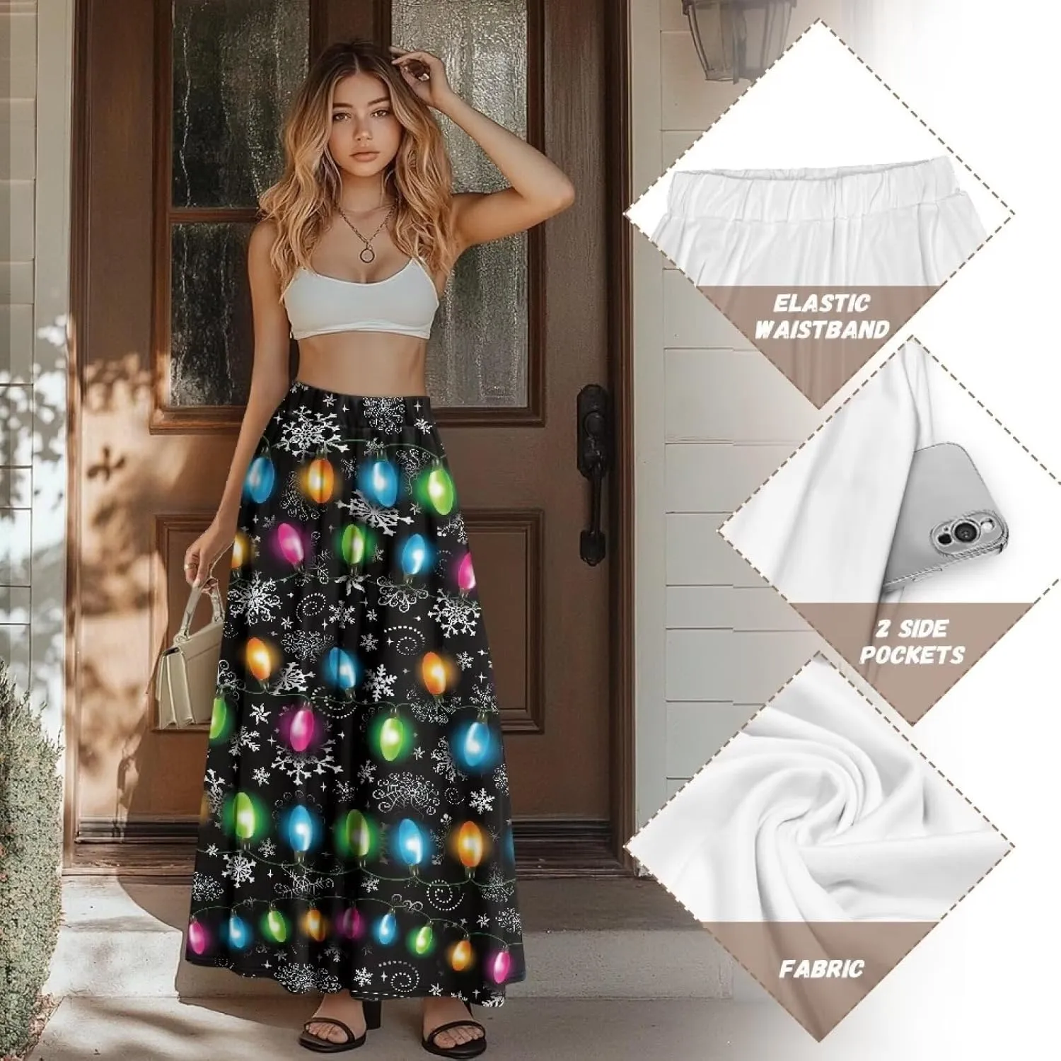 Womens Maxi Skirts for Outdoor Ladies Elastic Band Long Skirts with Pockets Casual Dance Maxi Skirts S-2XL