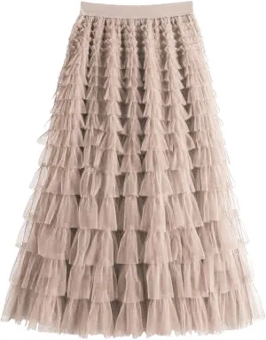Women's Midi Skirt Elastic High Waist A-Line Ruffle Tiered Layered Mesh Puffy Long Maxi Skirt