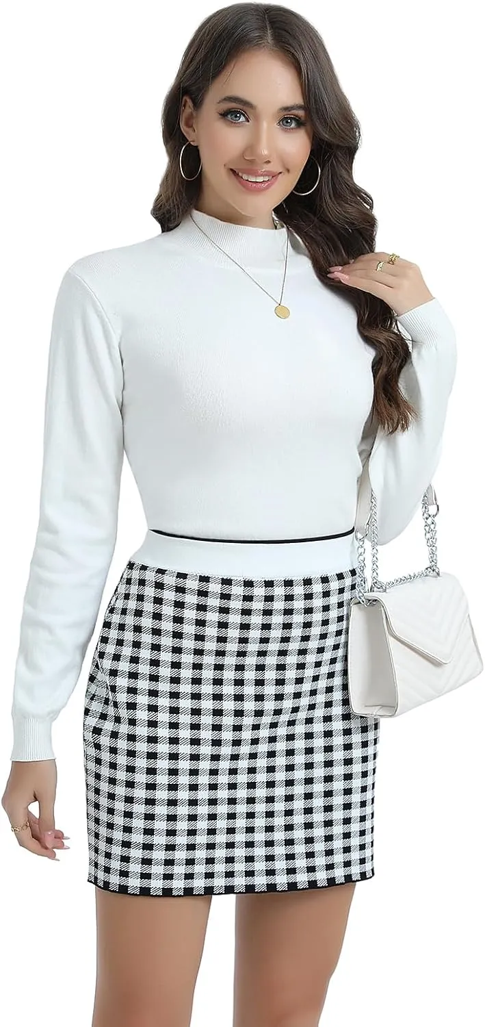 Womens Plaid Mini Skirt Fall Winter High Waisted Bodycon Pencil Skirts Contrast-Waist Checked Jersey Knit Skirt