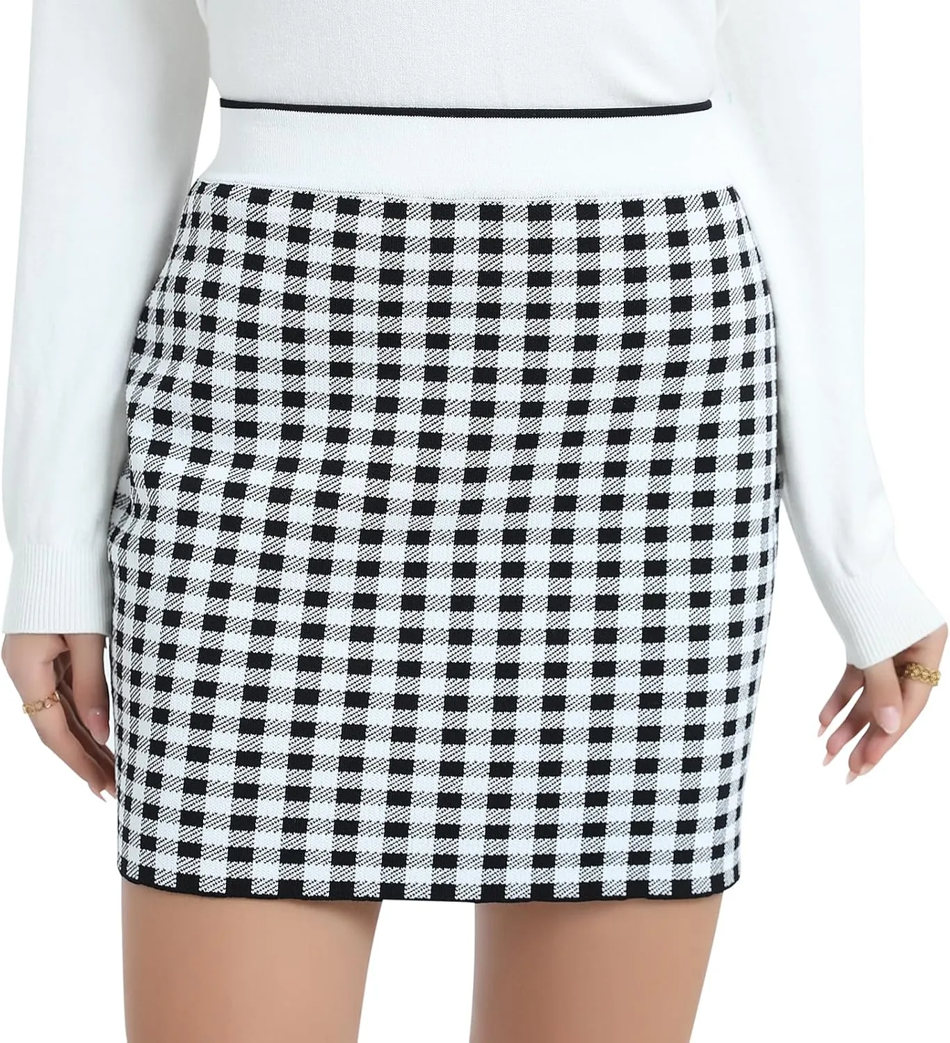 Womens Plaid Mini Skirt Fall Winter High Waisted Bodycon Pencil Skirts Contrast-Waist Checked Jersey Knit Skirt