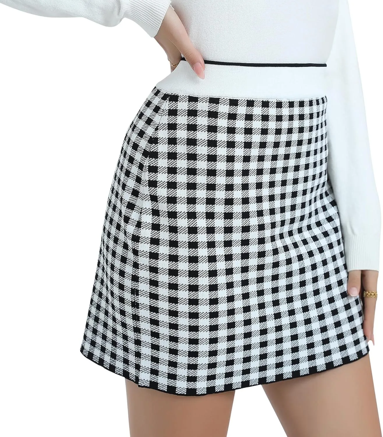 Womens Plaid Mini Skirt Fall Winter High Waisted Bodycon Pencil Skirts Contrast-Waist Checked Jersey Knit Skirt