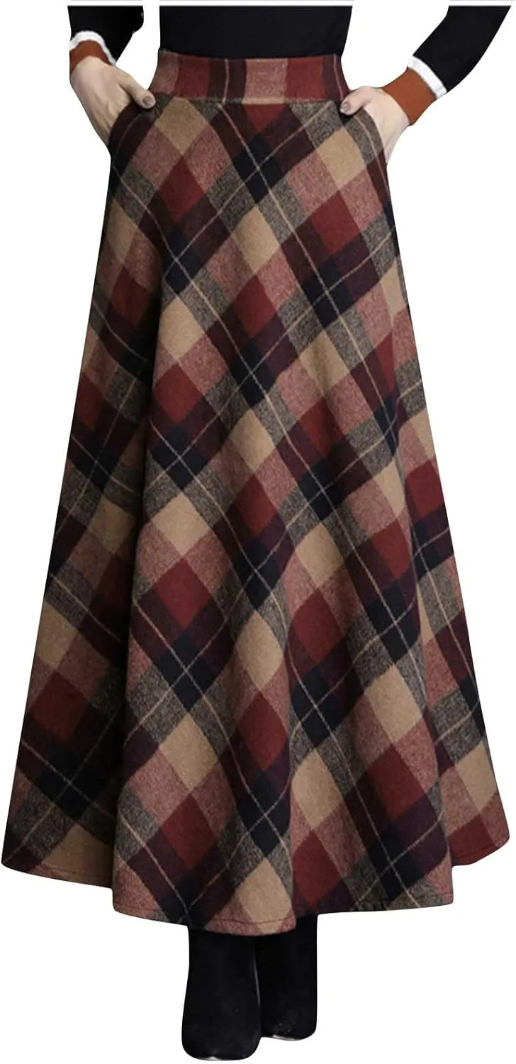 Women's Plaid Skirt 2024 Trendy Elastic Waist Wool Tartan A-Line Pleated Midi Skirts Comfy Winter Warm Long Skirts
