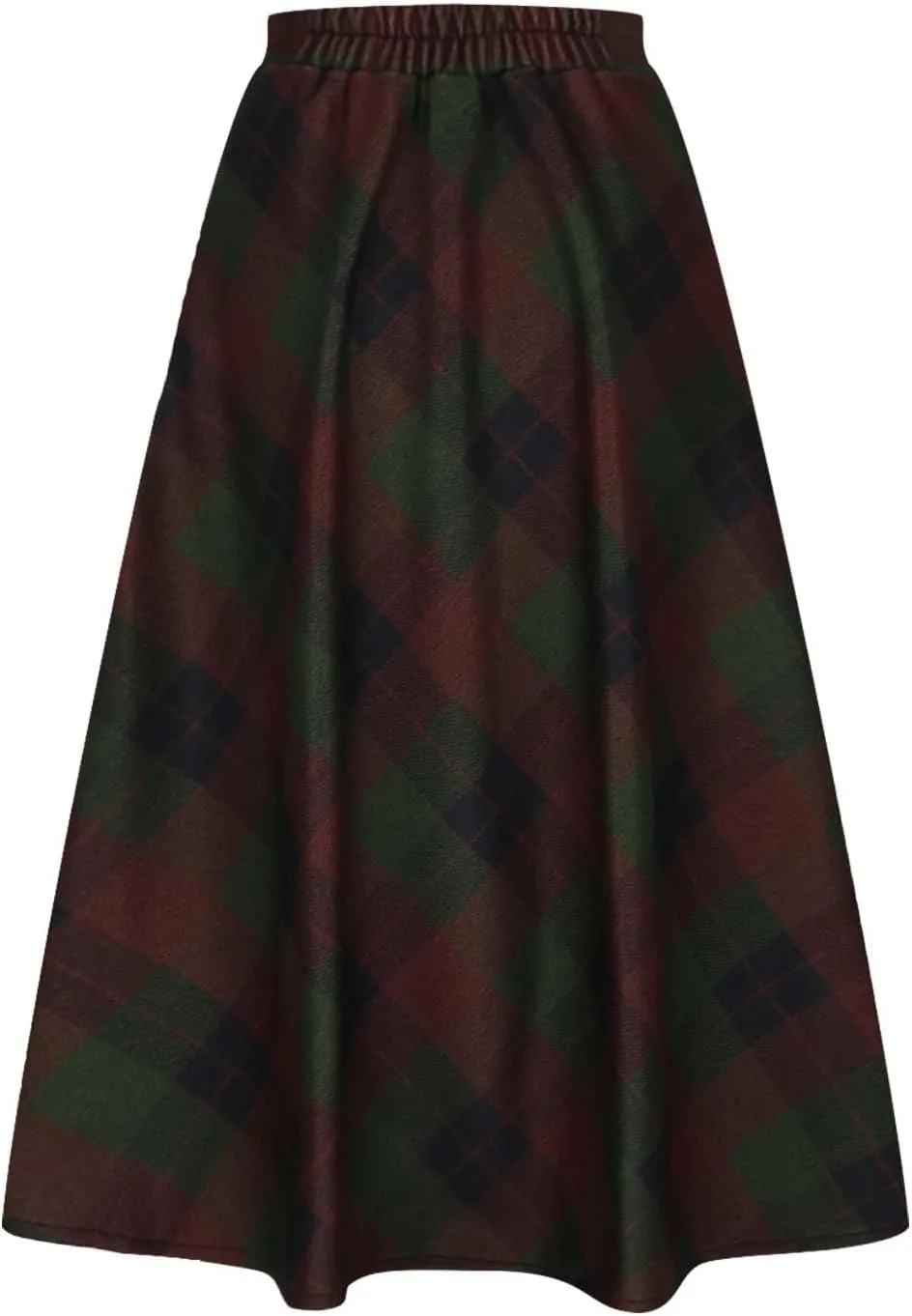 Women's Plaid Skirt 2024 Trendy Elastic Waist Wool Tartan A-Line Pleated Midi Skirts Comfy Winter Warm Long Skirts