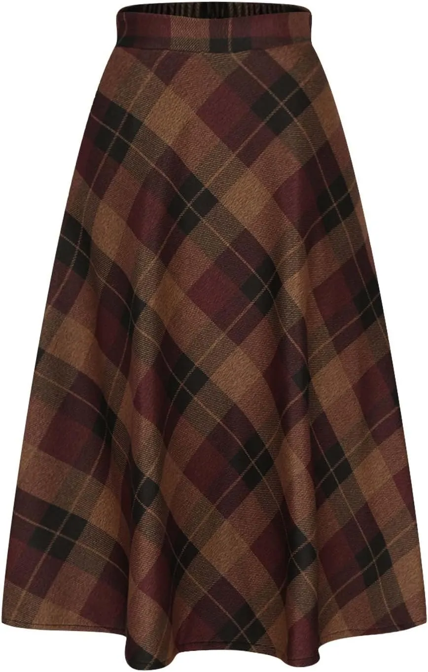 Women's Plaid Skirt 2024 Trendy Elastic Waist Wool Tartan A-Line Pleated Midi Skirts Comfy Winter Warm Long Skirts