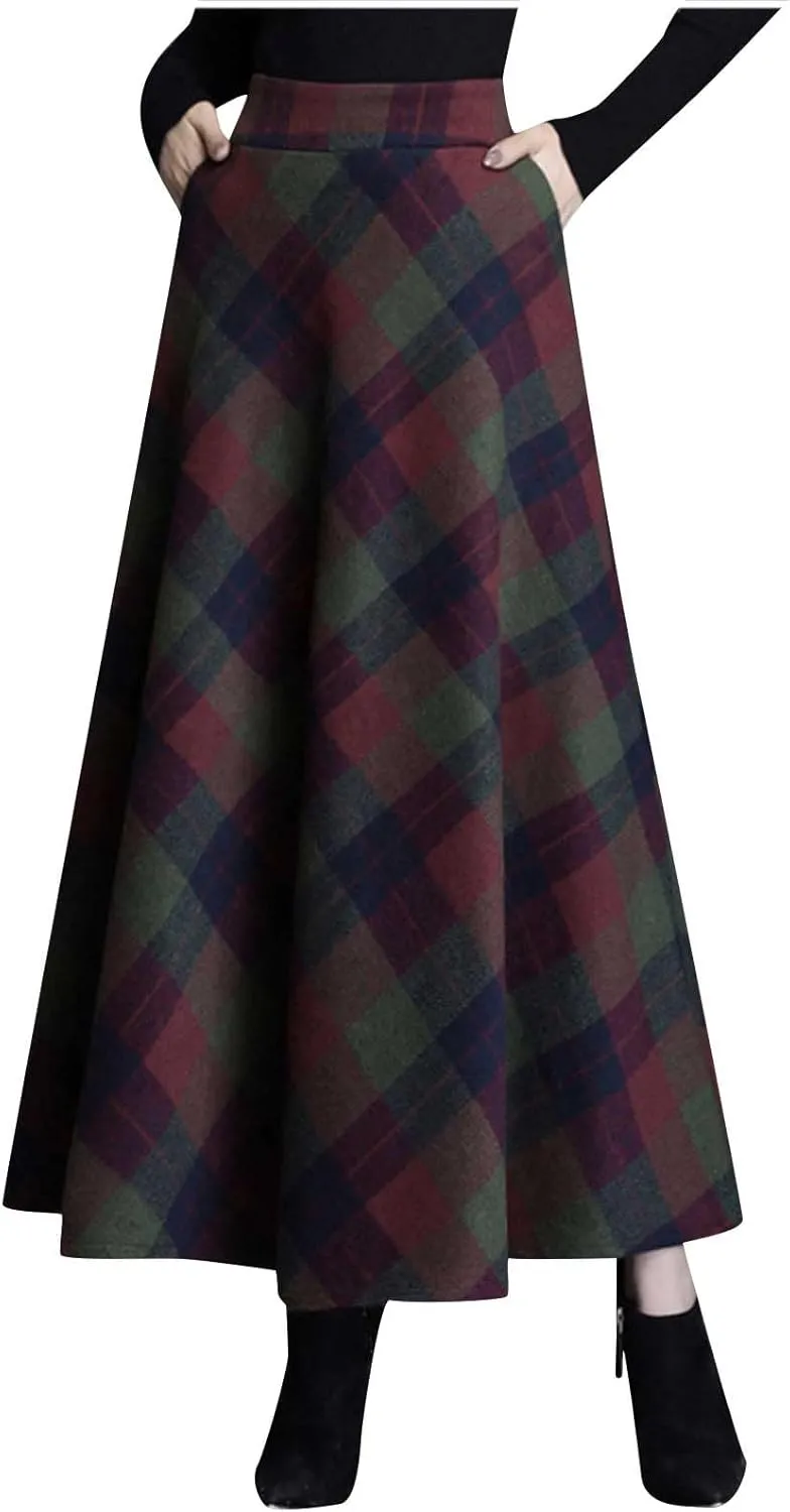 Women's Plaid Skirt 2024 Trendy Elastic Waist Wool Tartan A-Line Pleated Midi Skirts Comfy Winter Warm Long Skirts