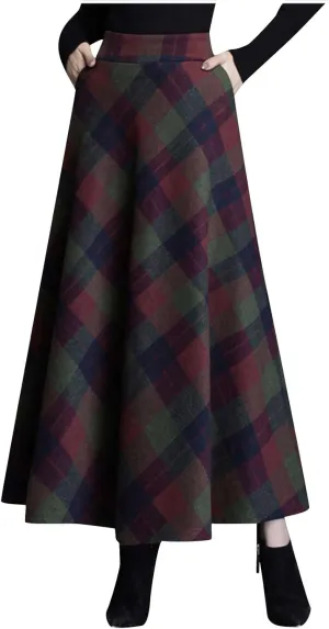 Women's Plaid Skirt 2024 Trendy Elastic Waist Wool Tartan A-Line Pleated Midi Skirts Comfy Winter Warm Long Skirts