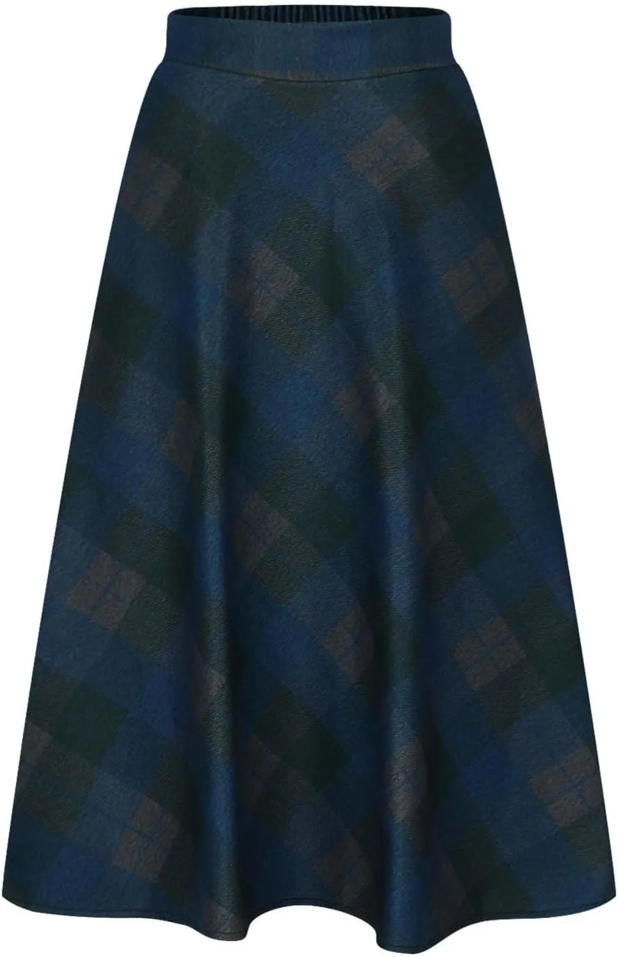 Women's Plaid Skirt Warm Elastic High Waist Wool A-Line Pleated Tartan Winter Long Skirts Casual Flared Midi Skirts