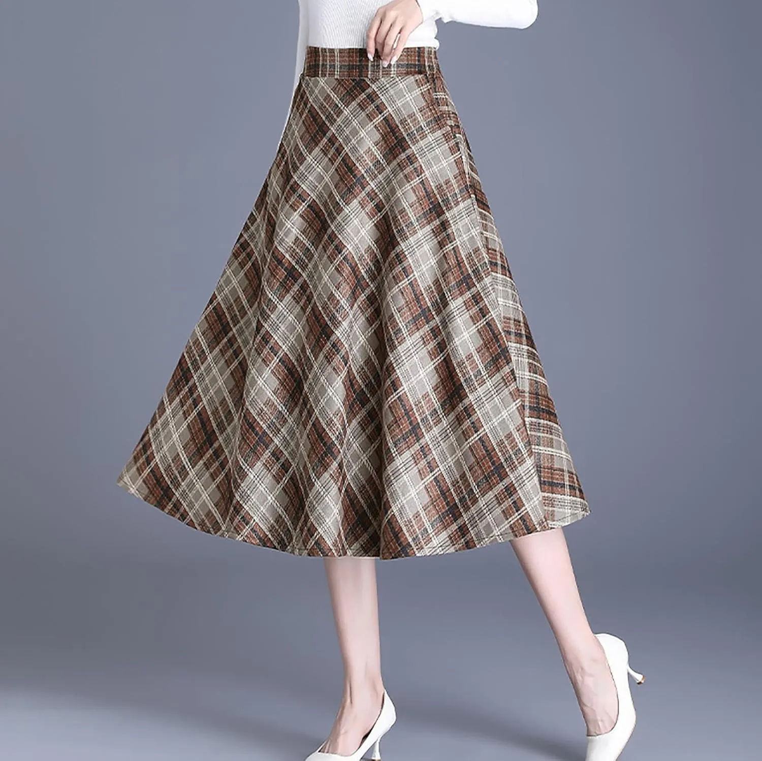 Women's Plaid Skirt Warm Elastic High Waist Wool A-Line Pleated Tartan Winter Long Skirts Casual Flared Midi Skirts