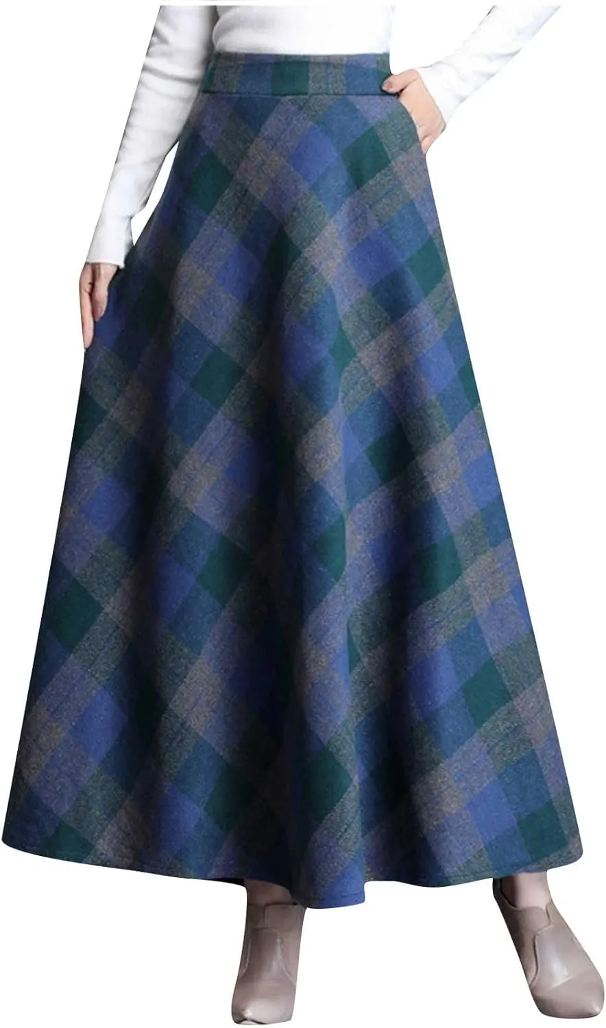 Women's Plaid Skirt Warm Elastic High Waist Wool A-Line Pleated Tartan Winter Long Skirts Casual Flared Midi Skirts