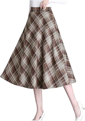 Women's Plaid Skirt Warm Elastic High Waist Wool A-Line Pleated Tartan Winter Long Skirts Casual Flared Midi Skirts